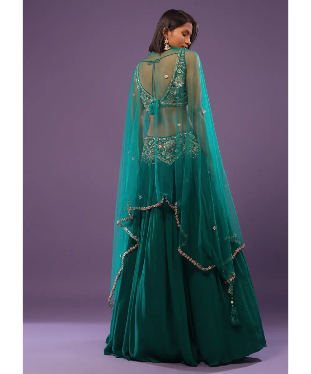 KALKI - Emerald Green Embroidered Lehenga Set In Georgette