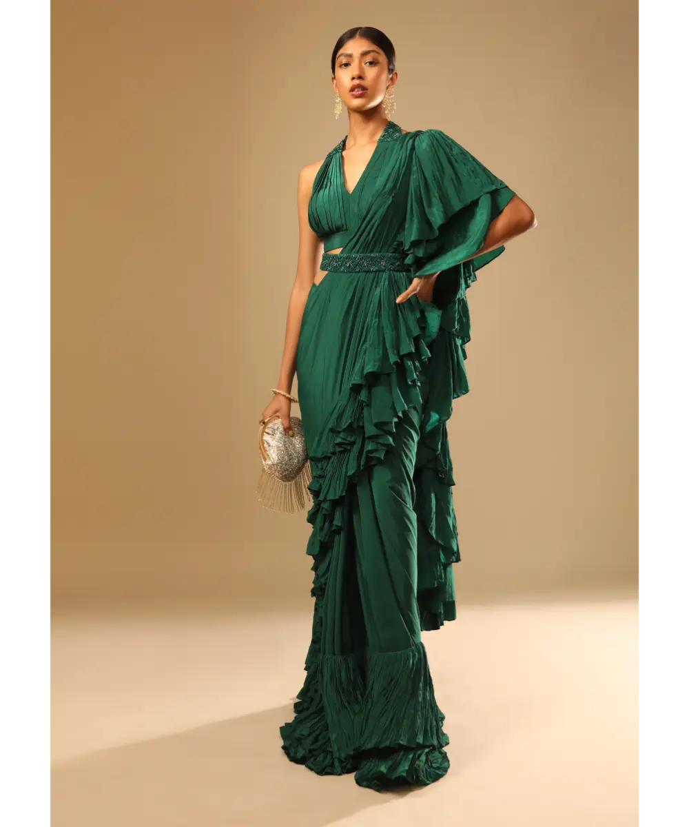 KALKI - Emerald Green Ready Pleated Ruffle Saree With A Halter Neck Blouse And 3D Embroidered Belt