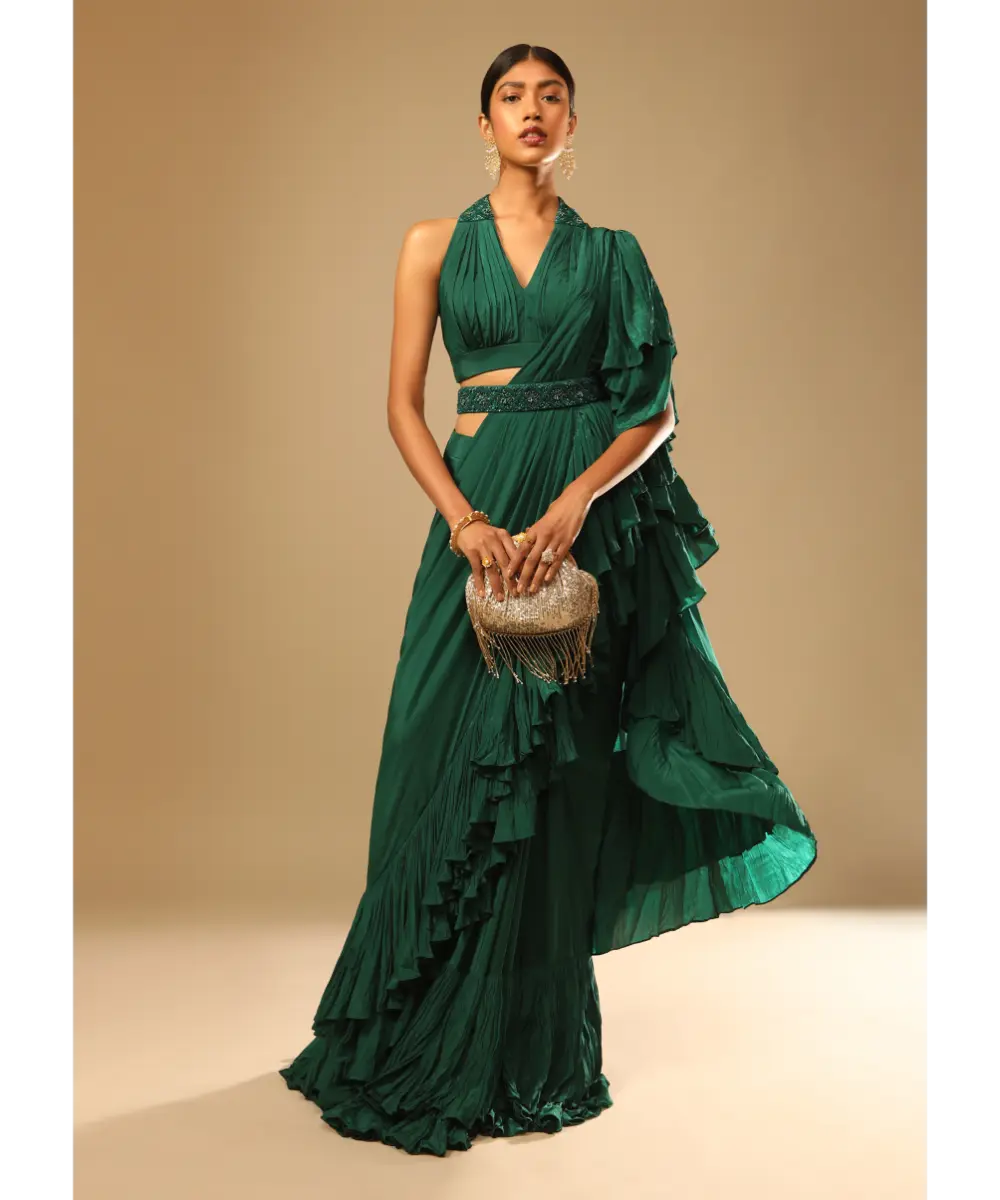 KALKI - Emerald Green Ready Pleated Ruffle Saree With A Halter Neck Blouse And 3D Embroidered Belt