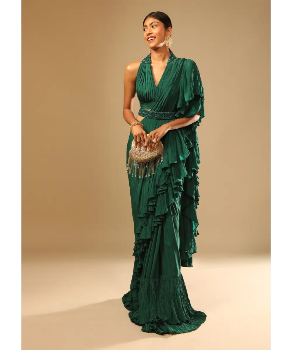 KALKI - Emerald Green Ready Pleated Ruffle Saree With A Halter Neck Blouse And 3D Embroidered Belt