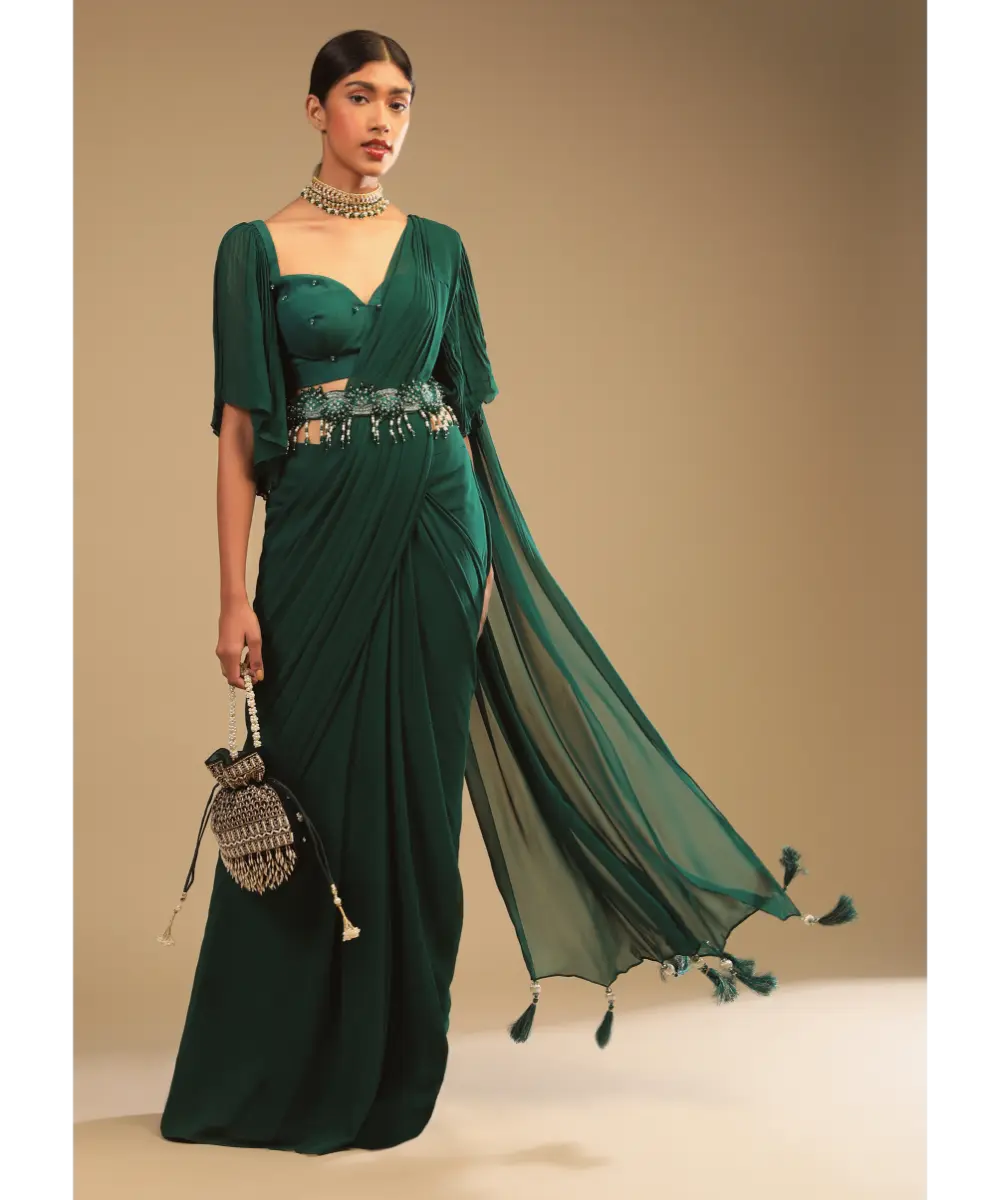 KALKI - Emerald Green Ready To Wear Saree In Georgette With Bell Sleeves Crop Top And Chunky Embroidered Belt