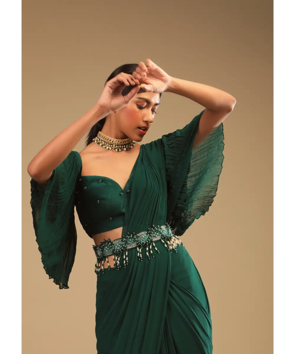 KALKI - Emerald Green Ready To Wear Saree In Georgette With Bell Sleeves Crop Top And Chunky Embroidered Belt