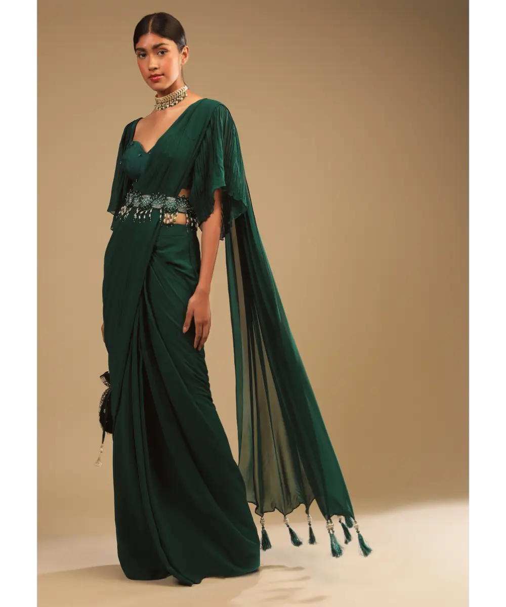 KALKI - Emerald Green Ready To Wear Saree In Georgette With Bell Sleeves Crop Top And Chunky Embroidered Belt