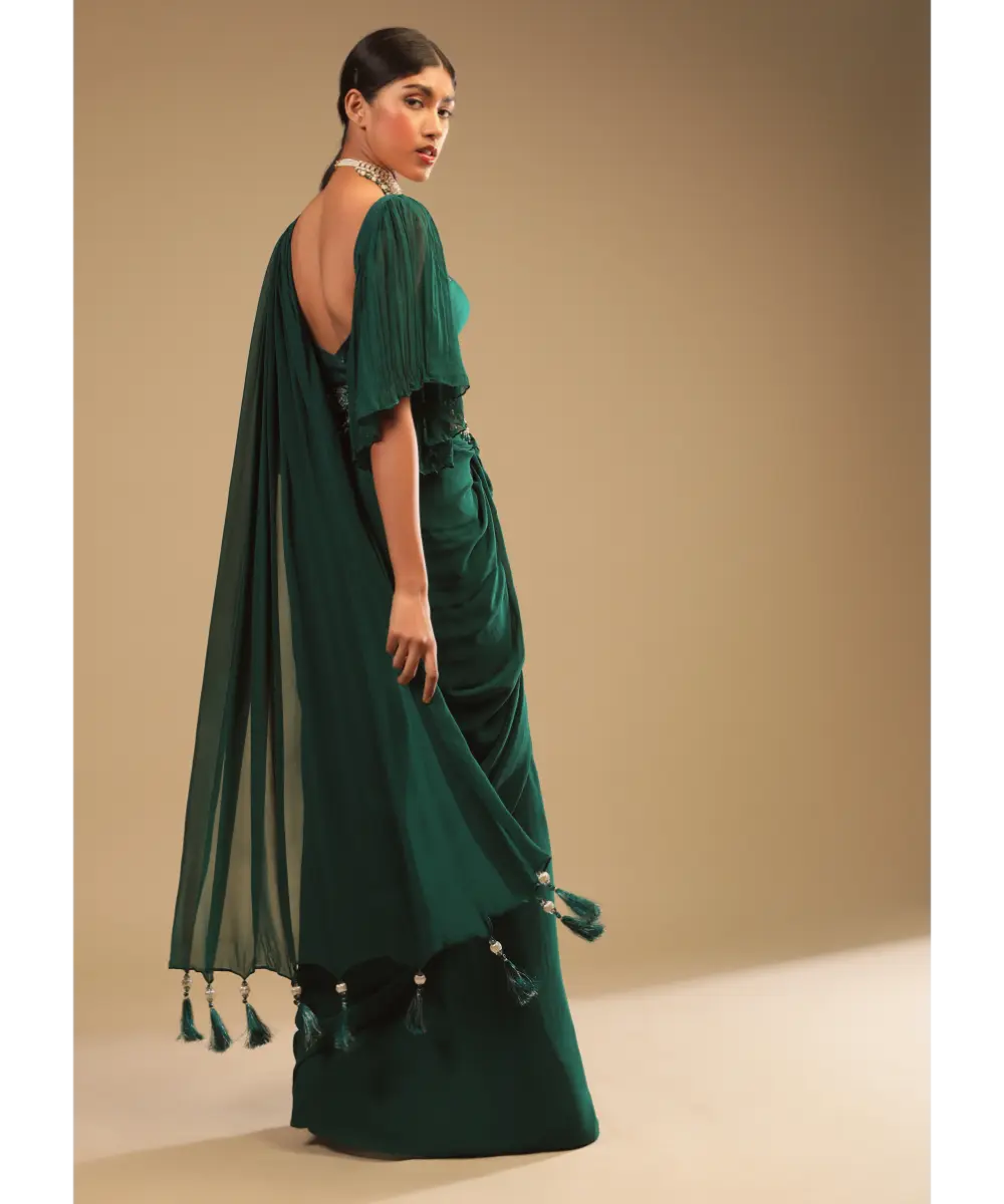 KALKI - Emerald Green Ready To Wear Saree In Georgette With Bell Sleeves Crop Top And Chunky Embroidered Belt