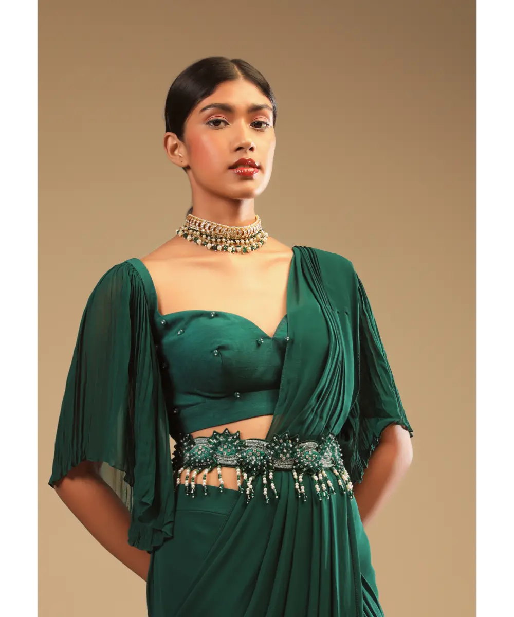 KALKI - Emerald Green Ready To Wear Saree In Georgette With Bell Sleeves Crop Top And Chunky Embroidered Belt