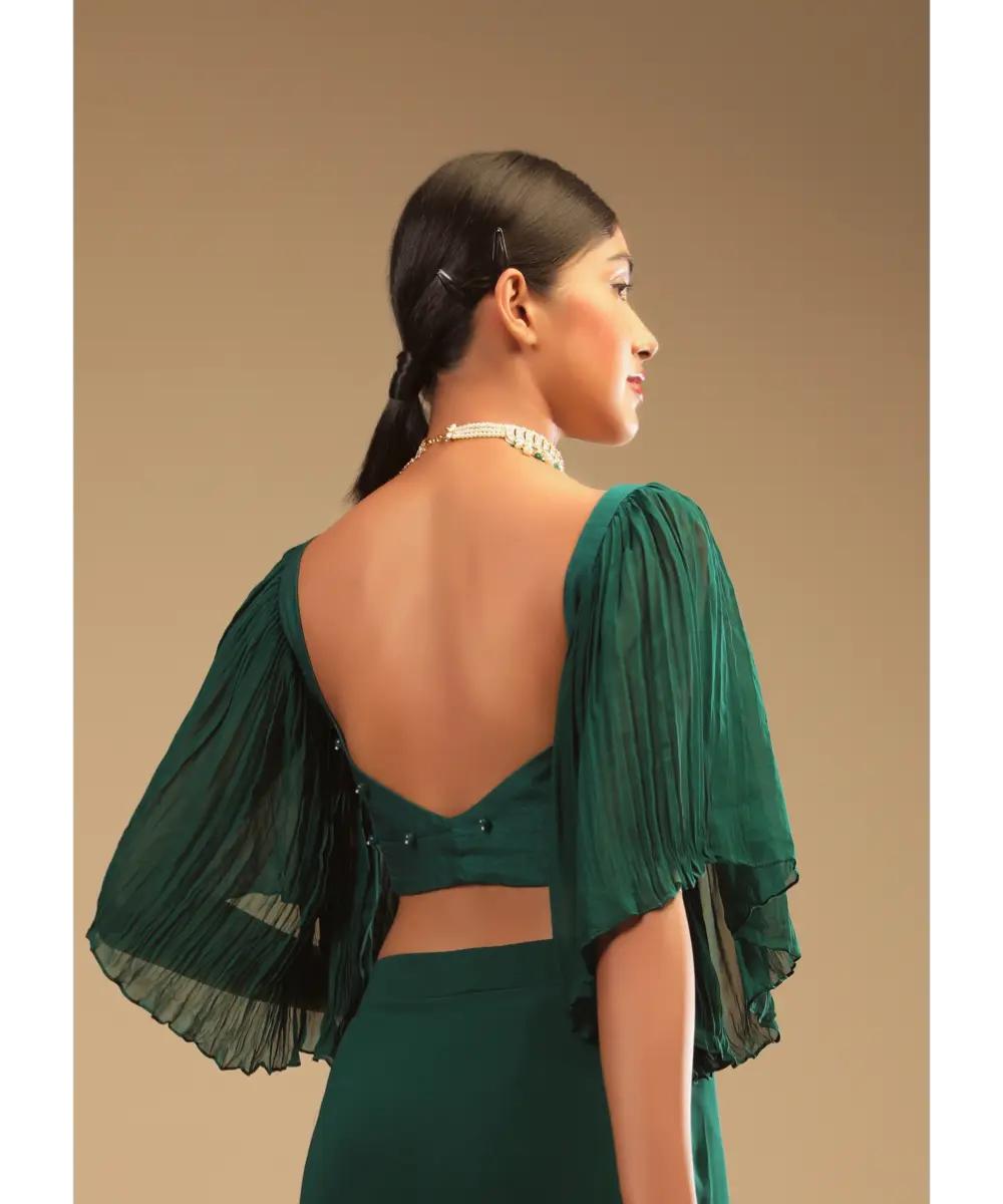 KALKI - Emerald Green Ready To Wear Saree In Georgette With Bell Sleeves Crop Top And Chunky Embroidered Belt
