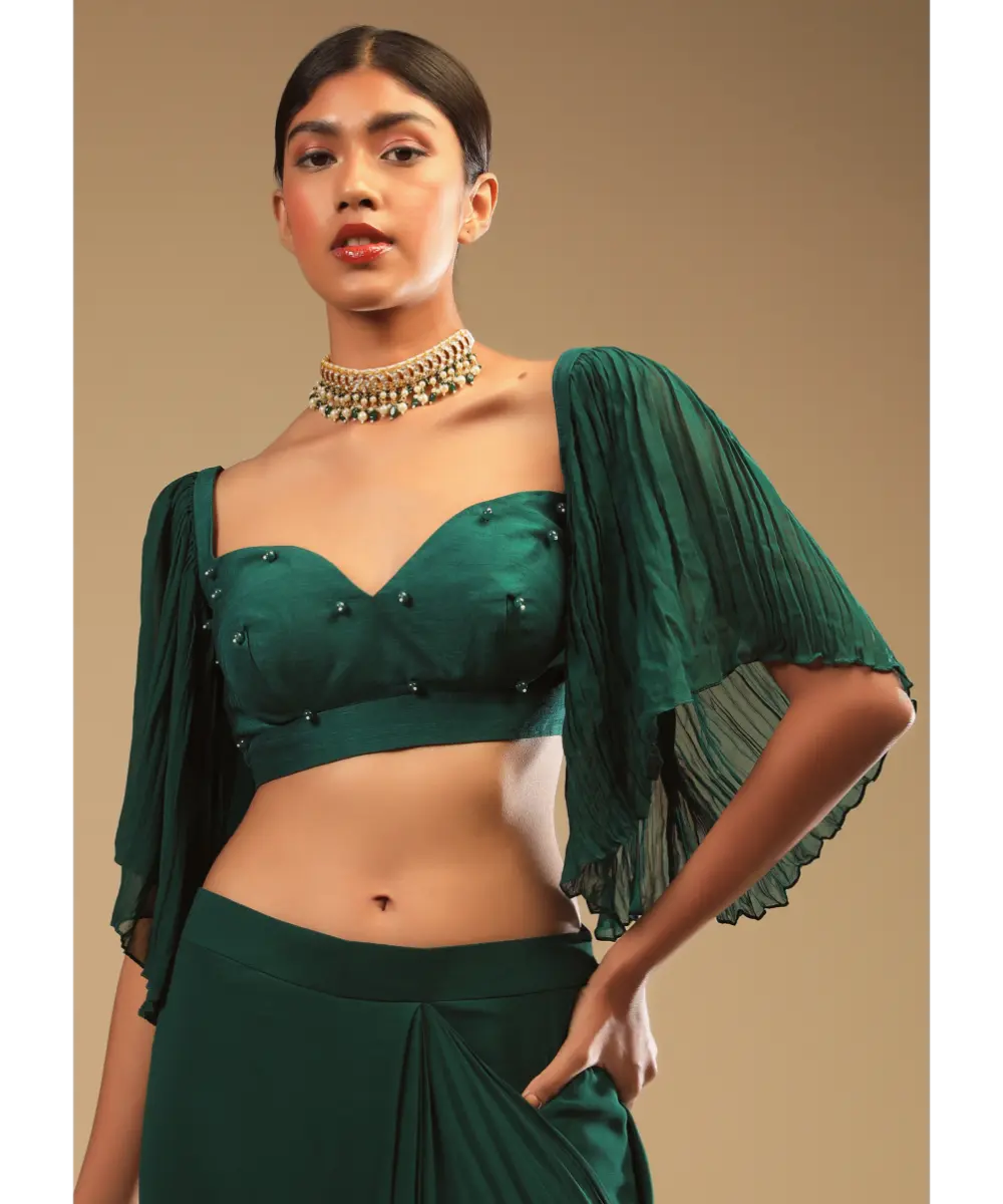 KALKI - Emerald Green Ready To Wear Saree In Georgette With Bell Sleeves Crop Top And Chunky Embroidered Belt