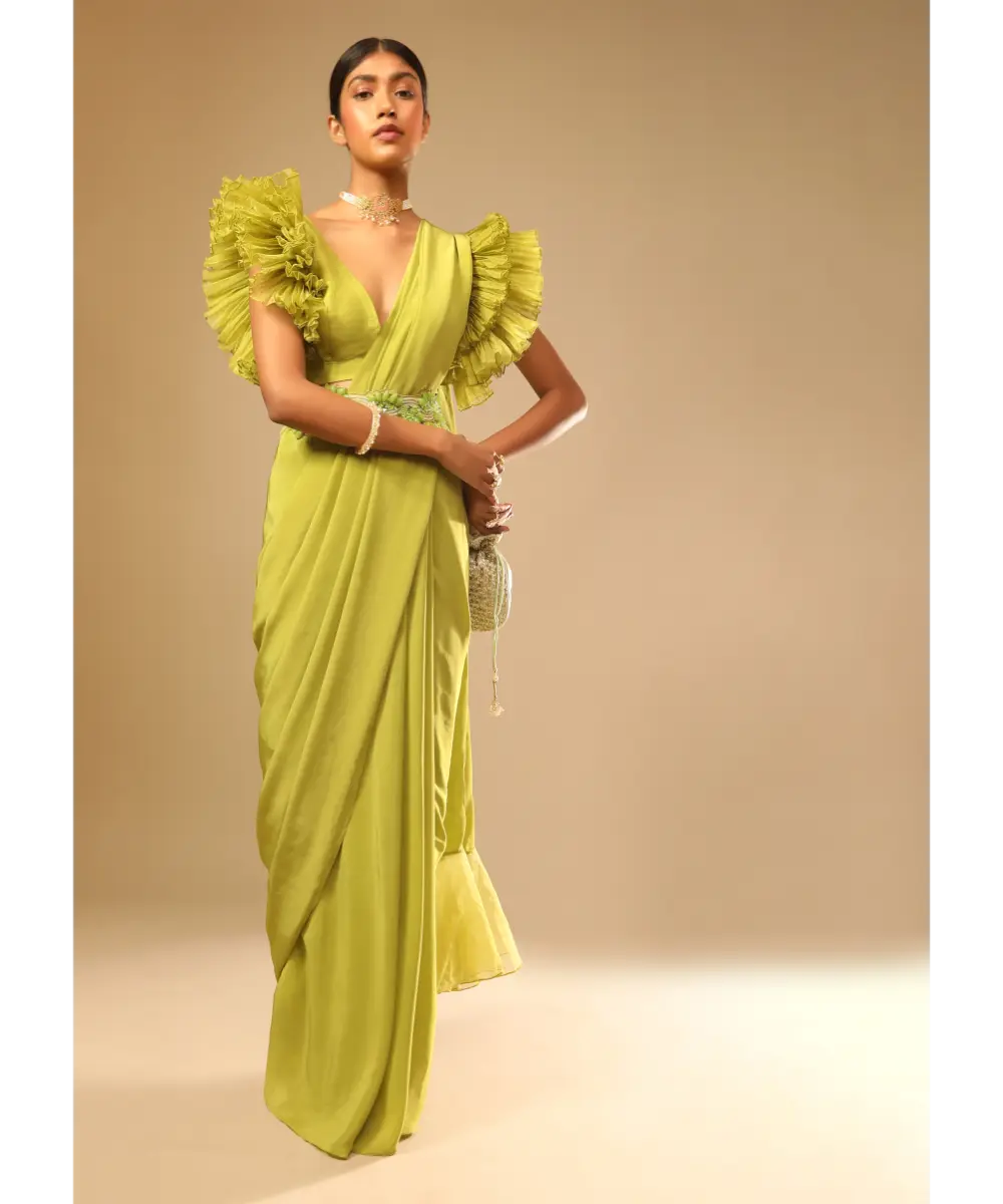KALKI - Lime Green Saree In Crepe With Elaborate Ruffle Sleeved Crop Top And Heavy Stone Embroidered Belt