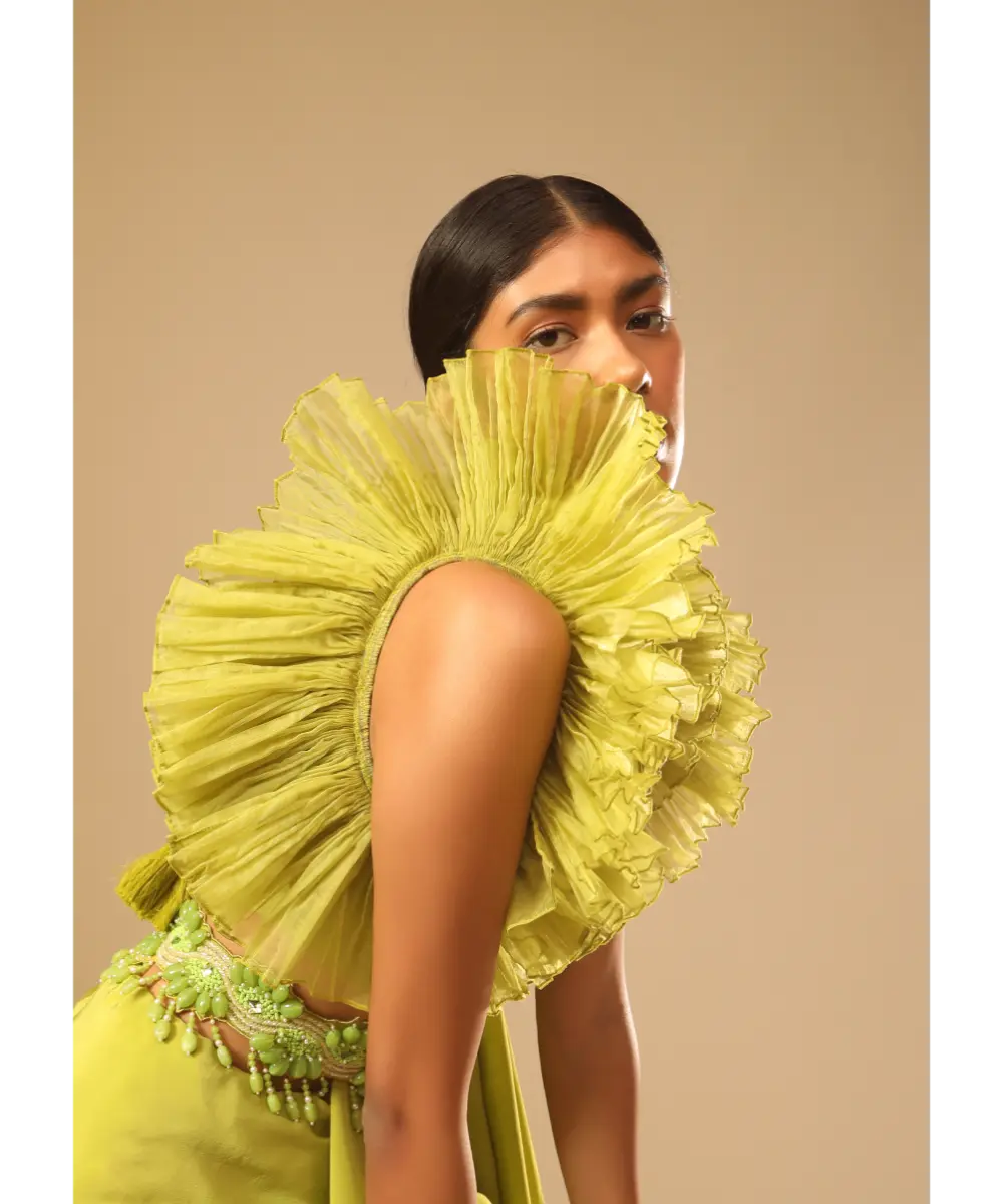 KALKI - Lime Green Saree In Crepe With Elaborate Ruffle Sleeved Crop Top And Heavy Stone Embroidered Belt