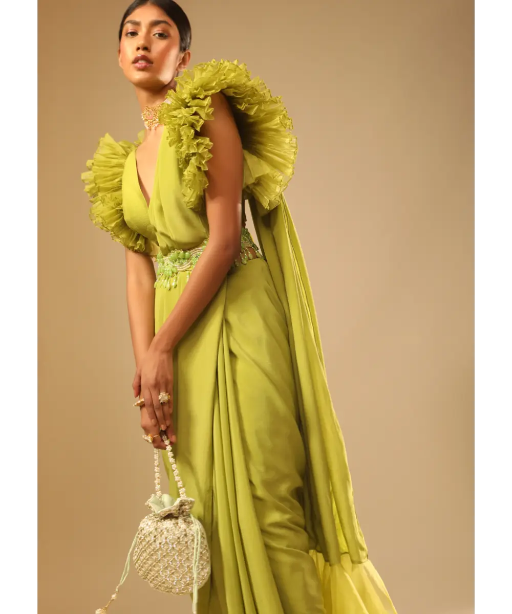 KALKI - Lime Green Saree In Crepe With Elaborate Ruffle Sleeved Crop Top And Heavy Stone Embroidered Belt