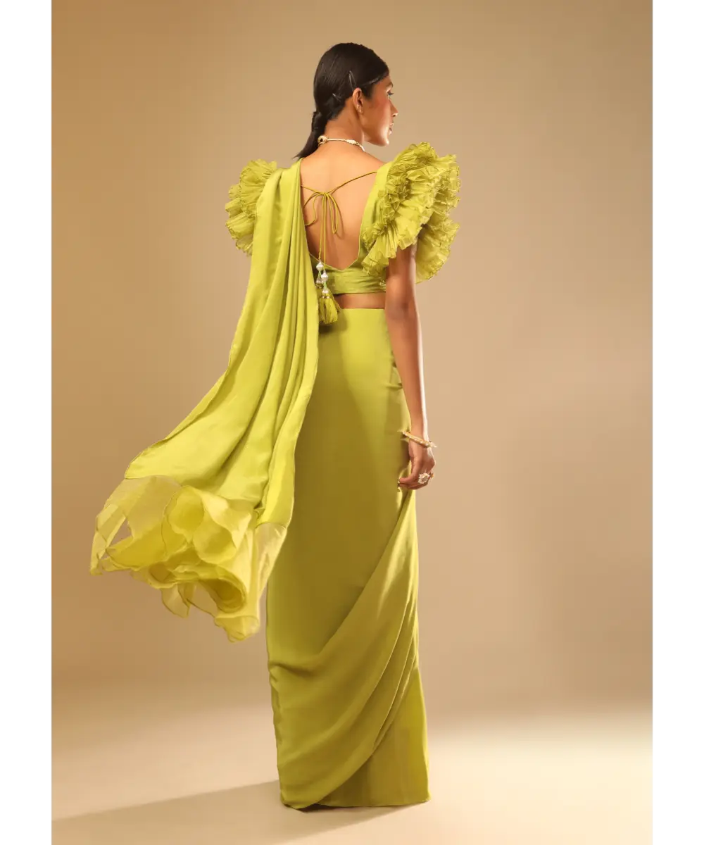 KALKI - Lime Green Saree In Crepe With Elaborate Ruffle Sleeved Crop Top And Heavy Stone Embroidered Belt