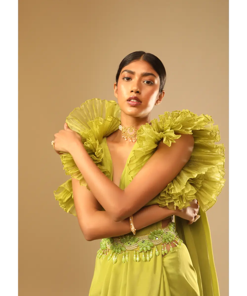 KALKI - Lime Green Saree In Crepe With Elaborate Ruffle Sleeved Crop Top And Heavy Stone Embroidered Belt