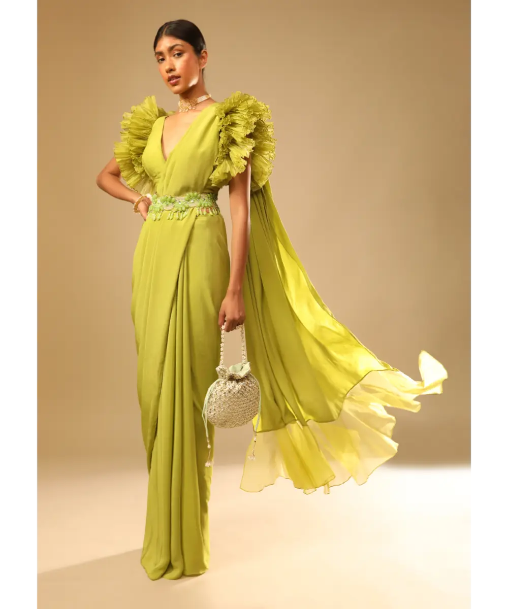 KALKI - Lime Green Saree In Crepe With Elaborate Ruffle Sleeved Crop Top And Heavy Stone Embroidered Belt
