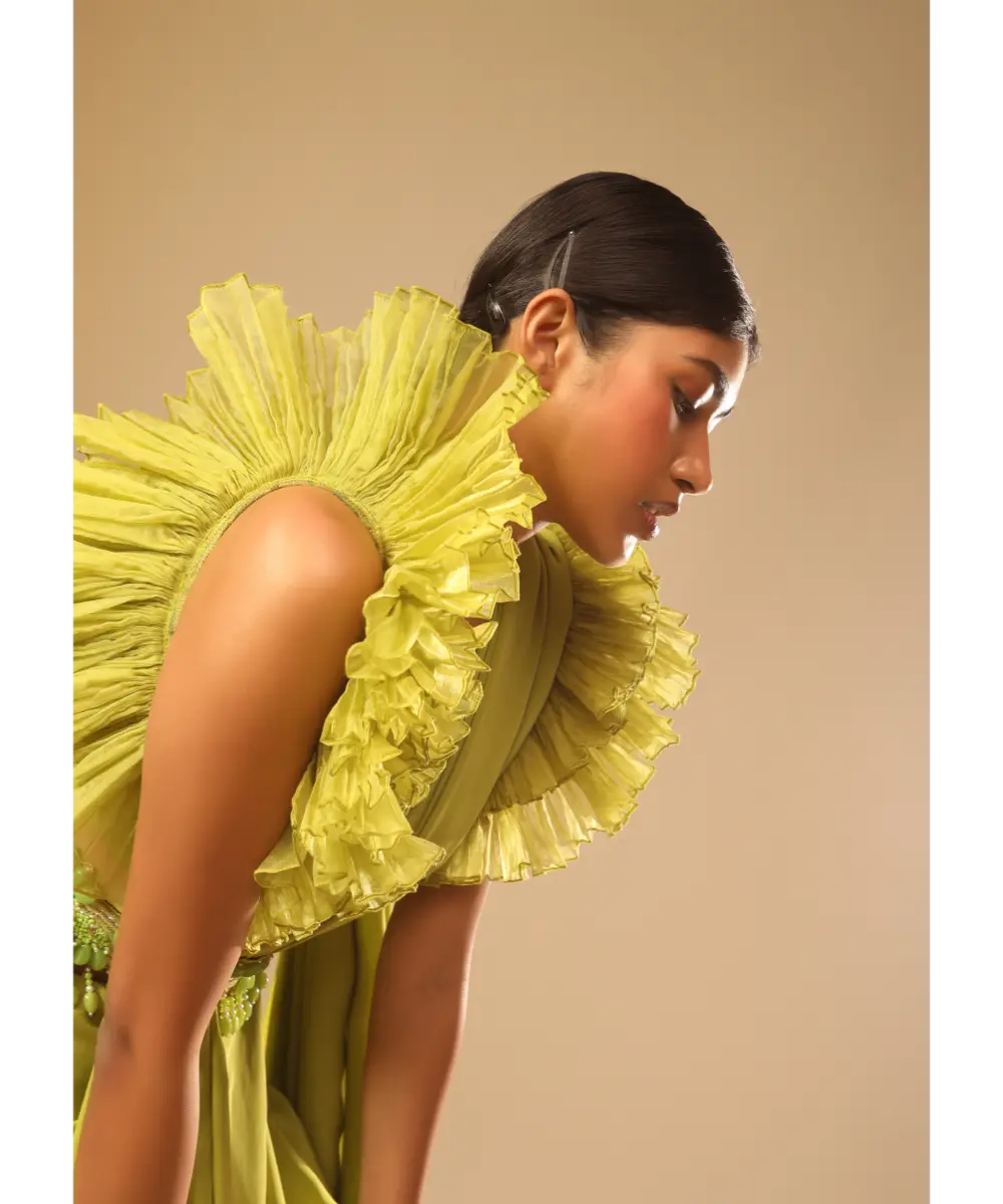 KALKI - Lime Green Saree In Crepe With Elaborate Ruffle Sleeved Crop Top And Heavy Stone Embroidered Belt
