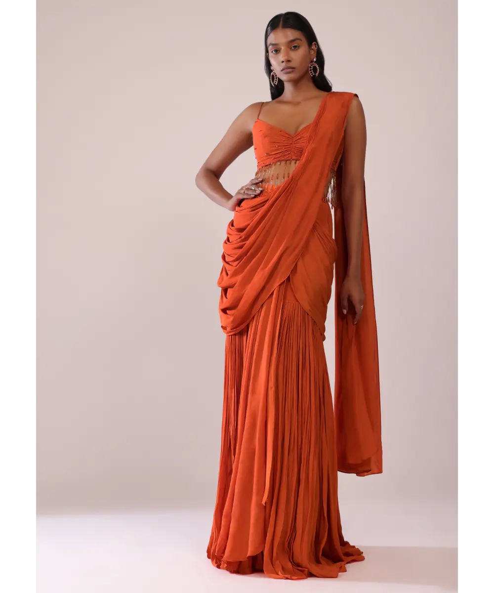 KALKI - Orange Crepe Drape Saree And Blouse With Crystal Tassels All Over