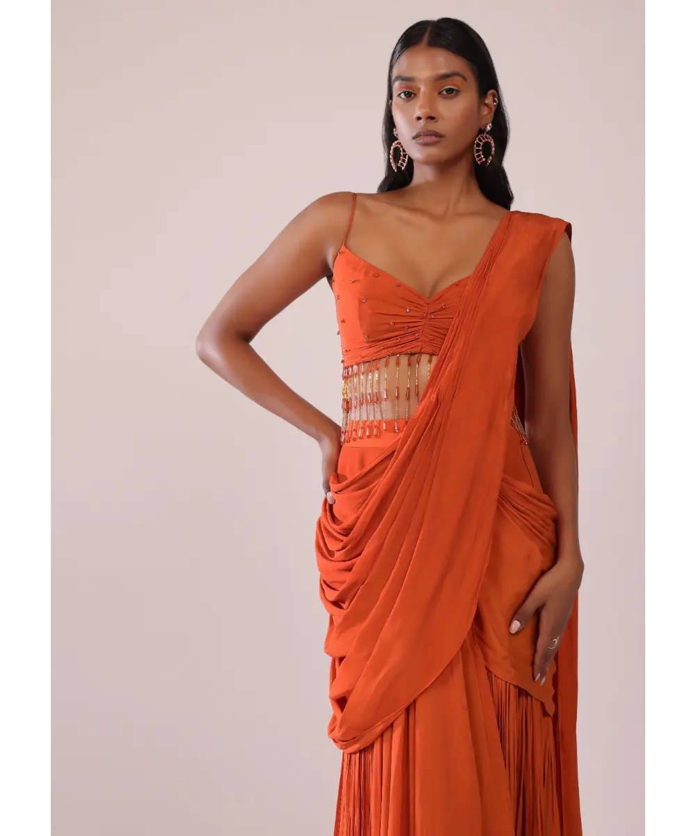 KALKI - Orange Crepe Drape Saree And Blouse With Crystal Tassels All Over