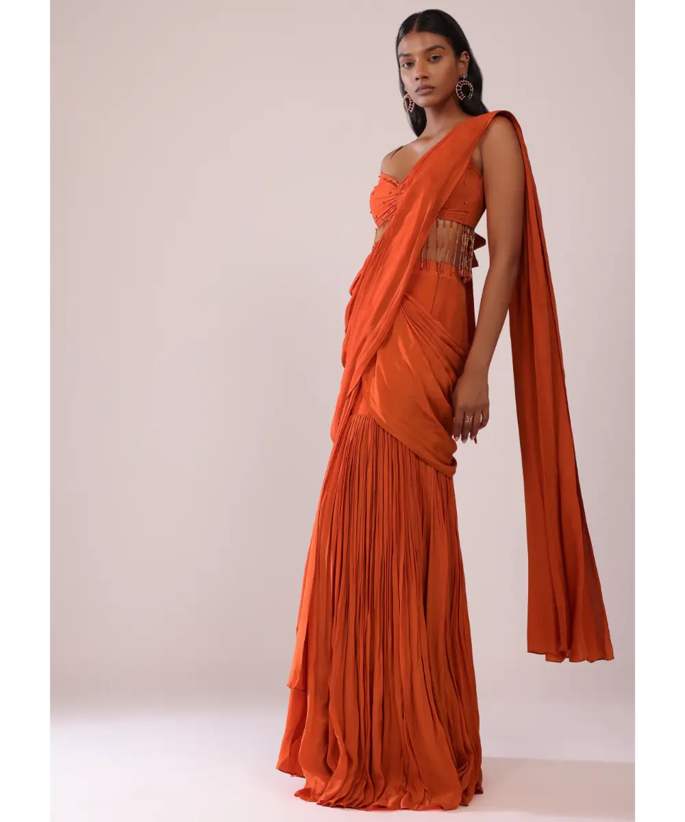 KALKI - Orange Crepe Drape Saree And Blouse With Crystal Tassels All Over