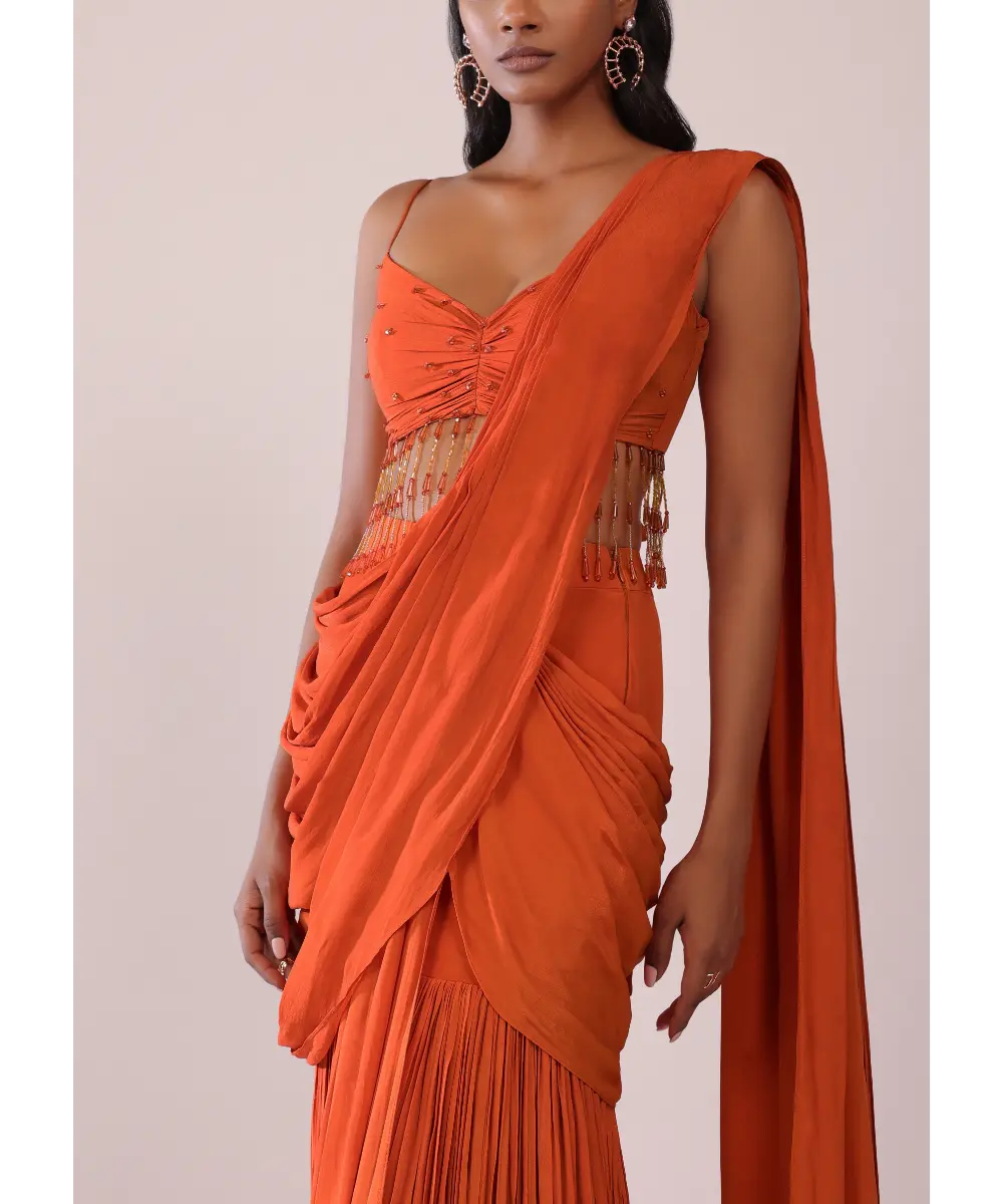 KALKI - Orange Crepe Drape Saree And Blouse With Crystal Tassels All Over
