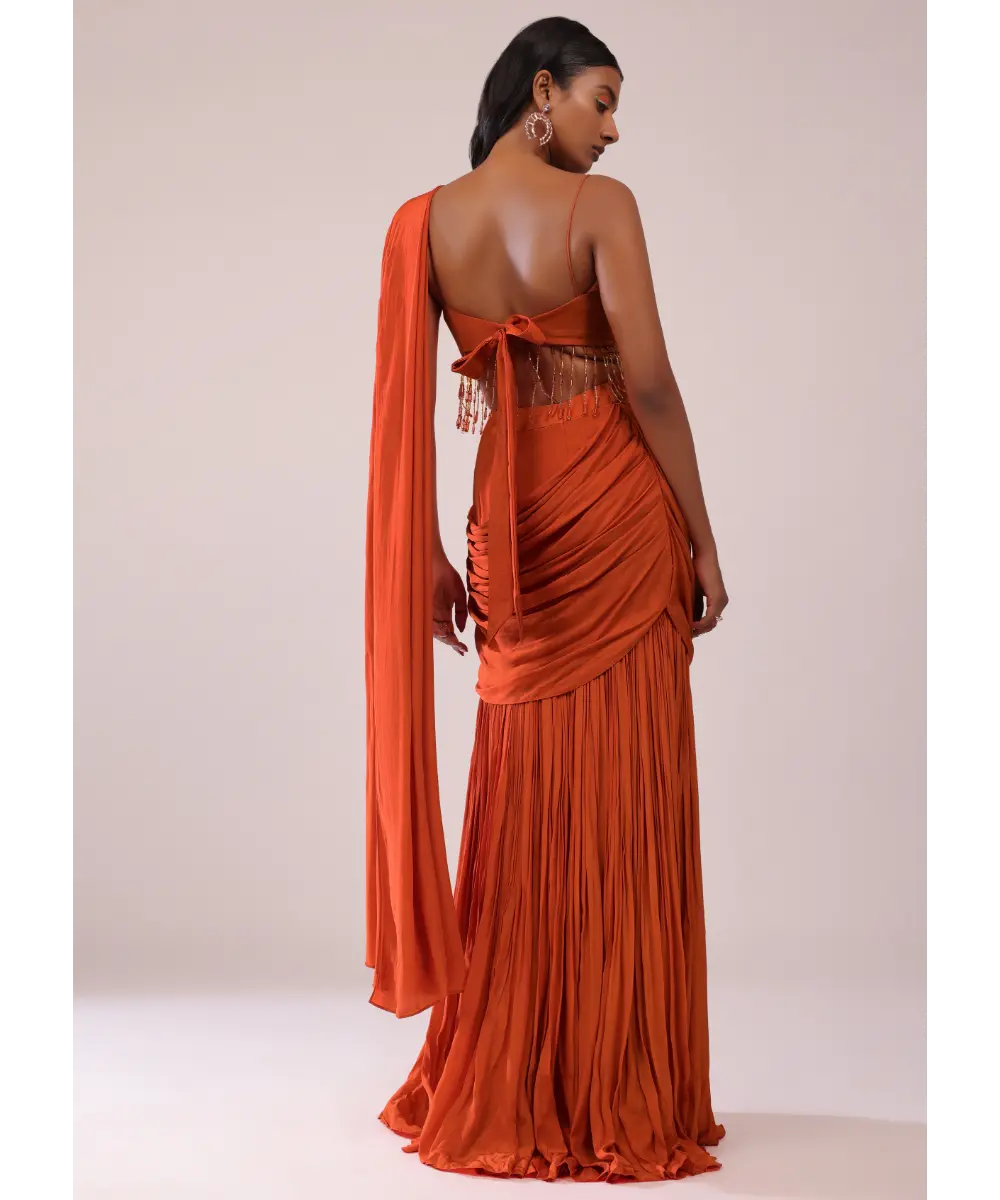 KALKI - Orange Crepe Drape Saree And Blouse With Crystal Tassels All Over