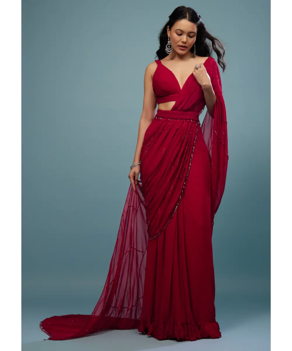 KALKI - Blood Red Ready-Pleated Saree In Georgette