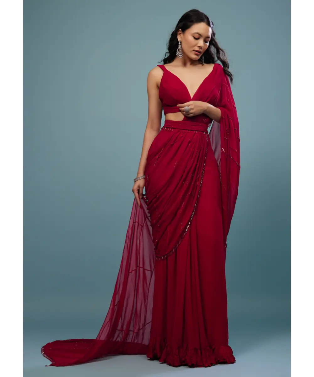 KALKI - Blood Red Ready-Pleated Saree In Georgette