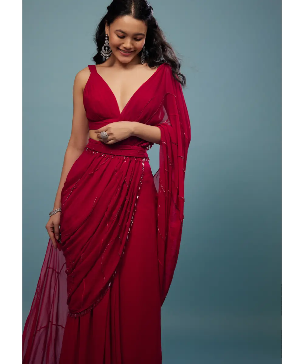 KALKI - Blood Red Ready-Pleated Saree In Georgette