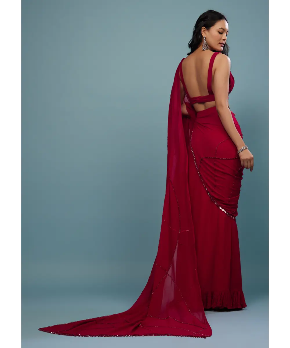 KALKI - Blood Red Ready-Pleated Saree In Georgette