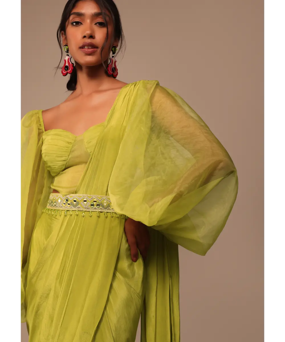 KALKI - Mustard Yellow Saree With Bishop Sleeve Blouse And Hand Worked Belt