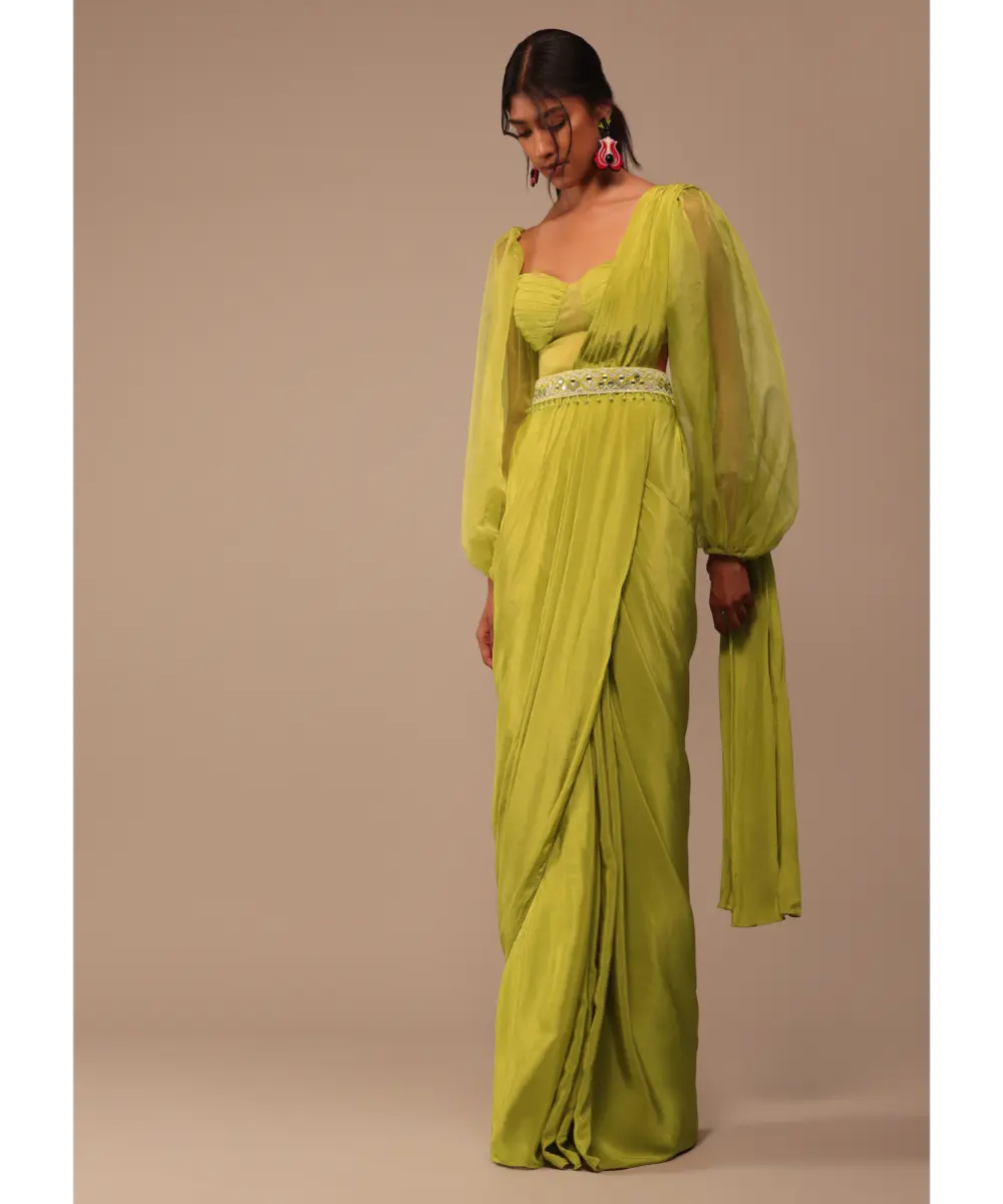 KALKI - Mustard Yellow Saree With Bishop Sleeve Blouse And Hand Worked Belt