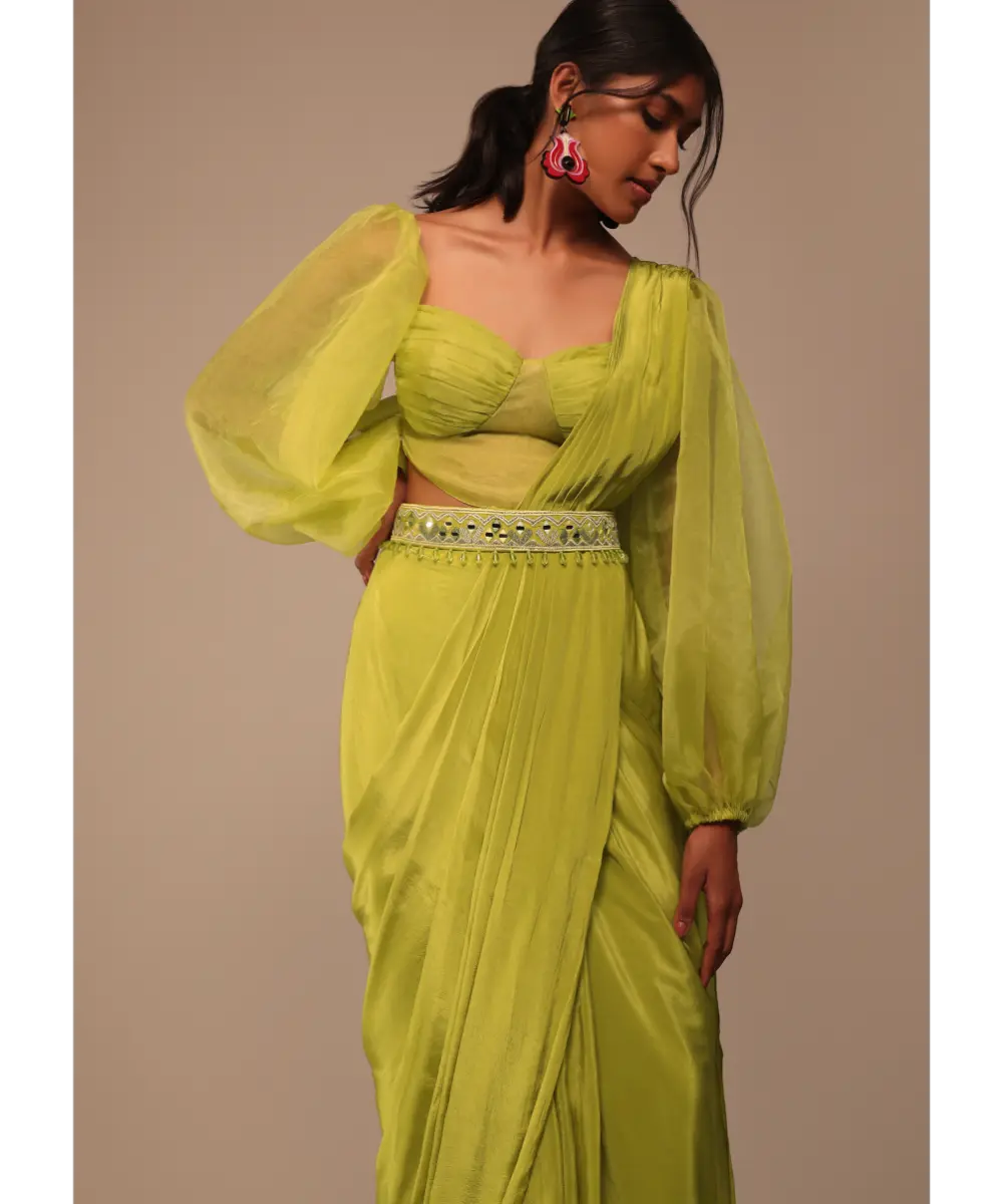 KALKI - Mustard Yellow Saree With Bishop Sleeve Blouse And Hand Worked Belt
