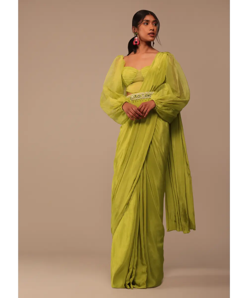 KALKI - Mustard Yellow Saree With Bishop Sleeve Blouse And Hand Worked Belt