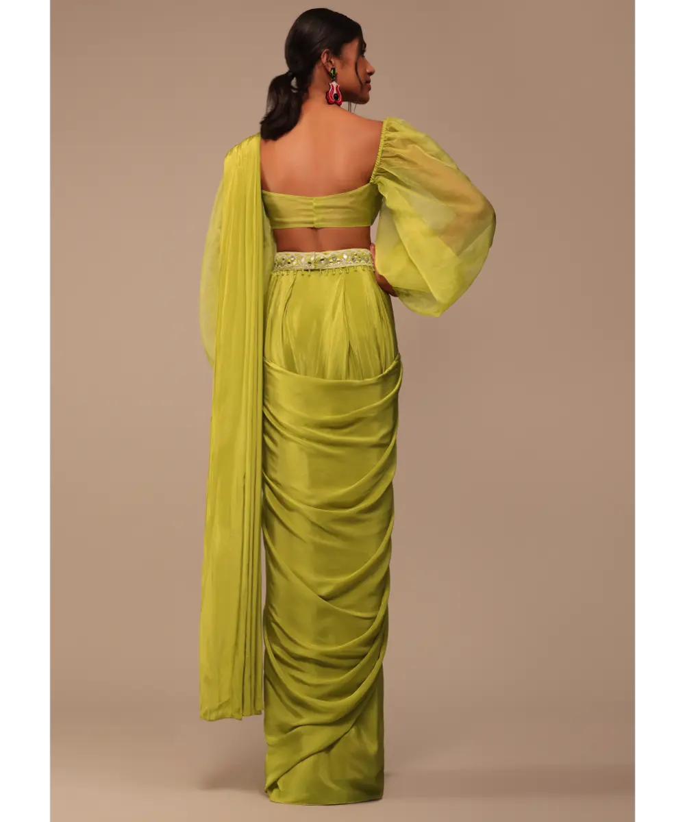 KALKI - Mustard Yellow Saree With Bishop Sleeve Blouse And Hand Worked Belt