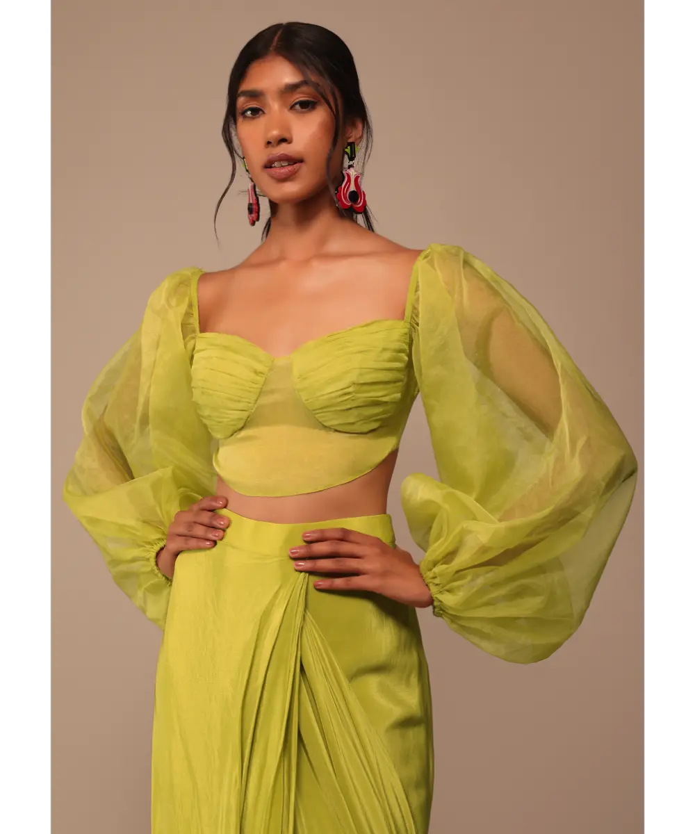 KALKI - Mustard Yellow Saree With Bishop Sleeve Blouse And Hand Worked Belt