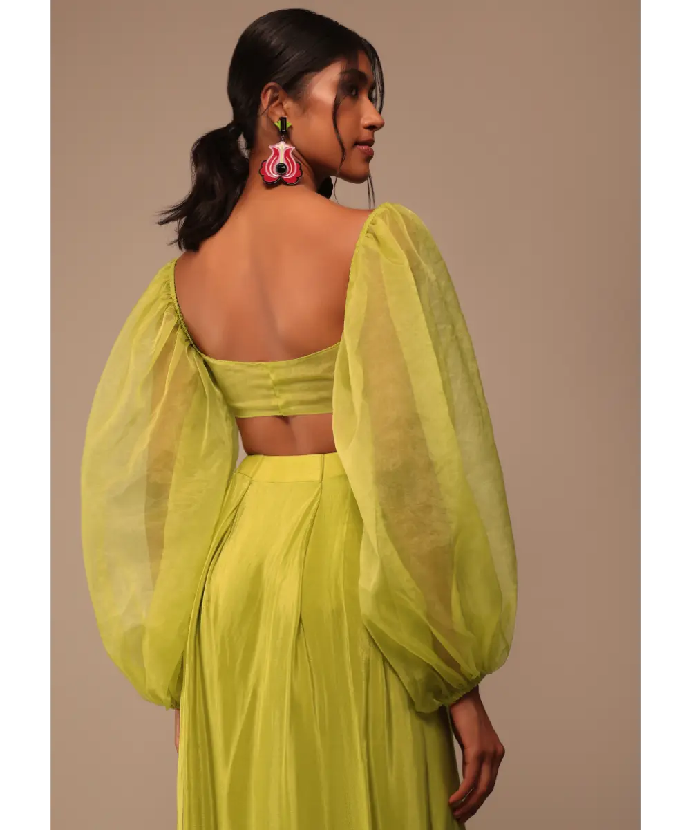 KALKI - Mustard Yellow Saree With Bishop Sleeve Blouse And Hand Worked Belt