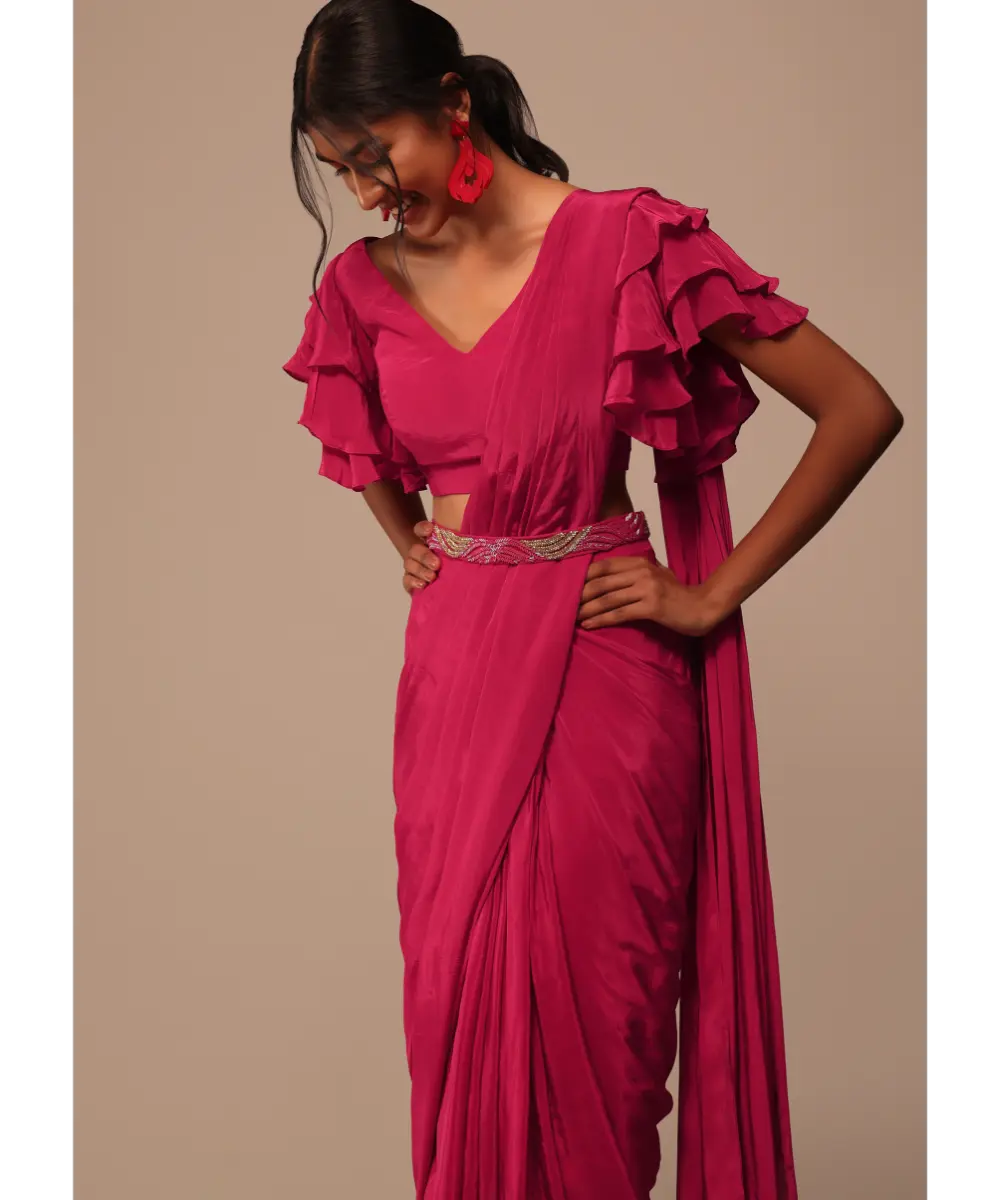 KALKI - Pink Indo-western Saree And Layered Sleeves Blouse Set In Crepe