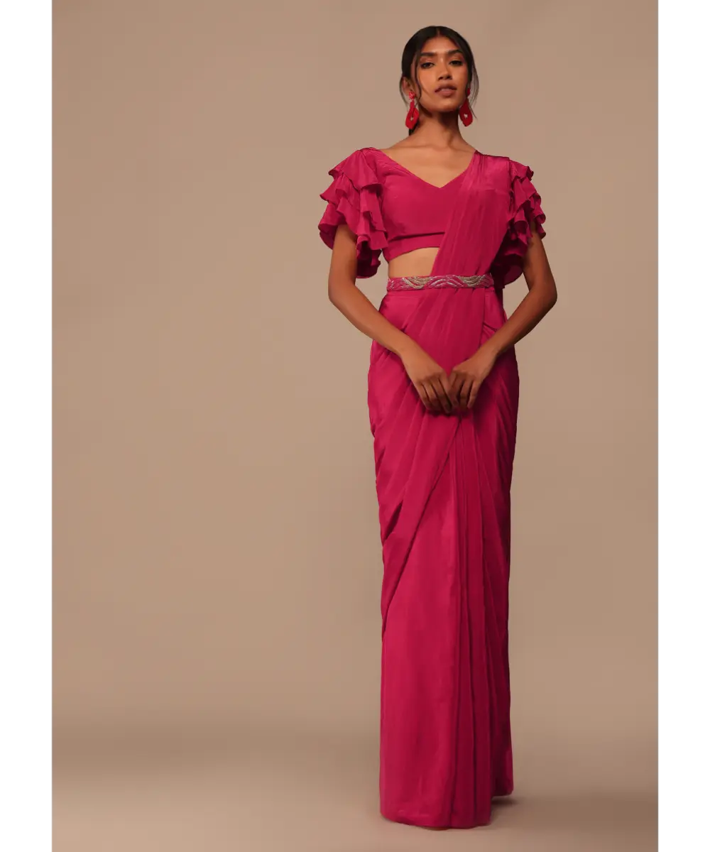 KALKI - Pink Indo-western Saree And Layered Sleeves Blouse Set In Crepe