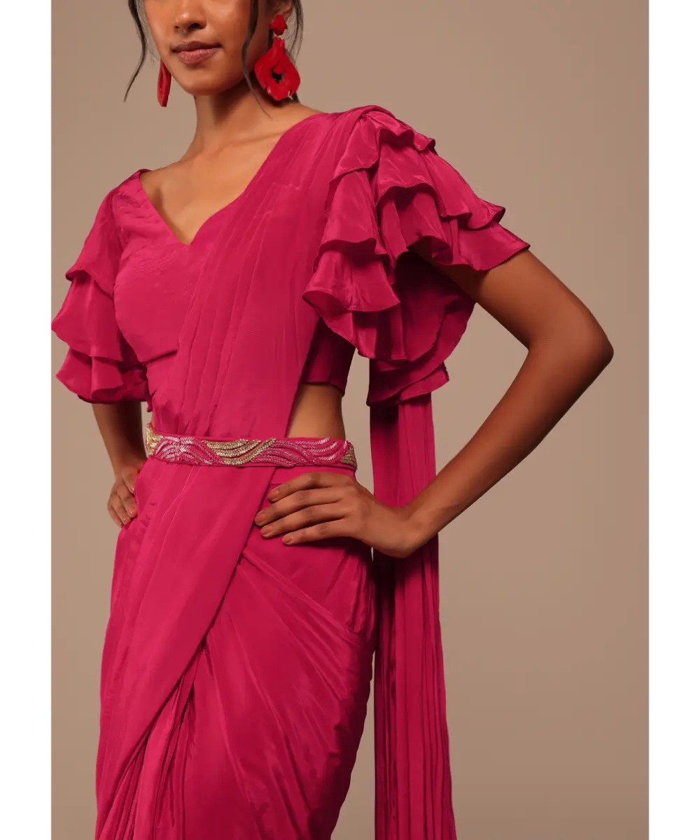 KALKI - Pink Indo-western Saree And Layered Sleeves Blouse Set In Crepe