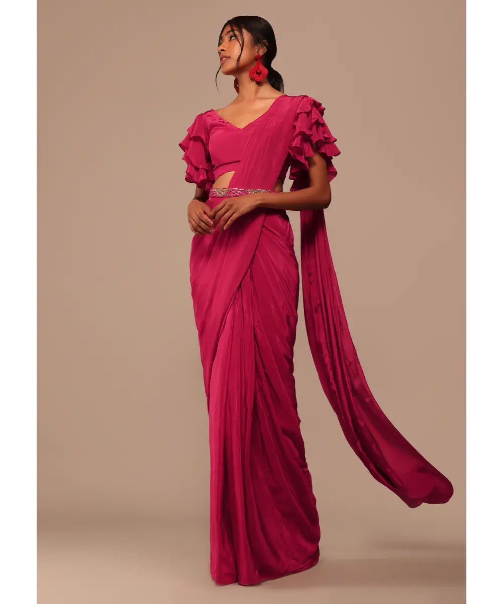 KALKI - Pink Indo-western Saree And Layered Sleeves Blouse Set In Crepe