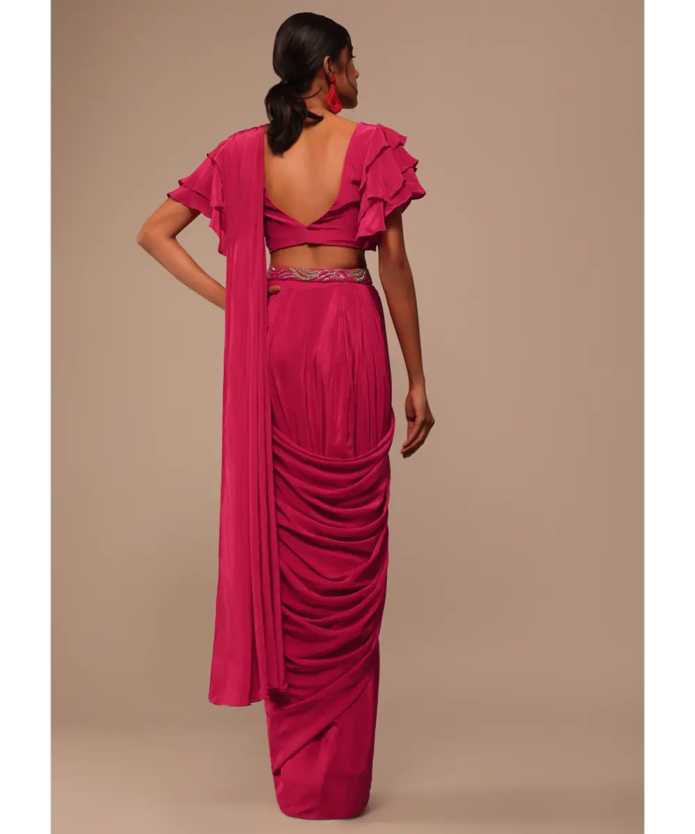 KALKI - Pink Indo-western Saree And Layered Sleeves Blouse Set In Crepe