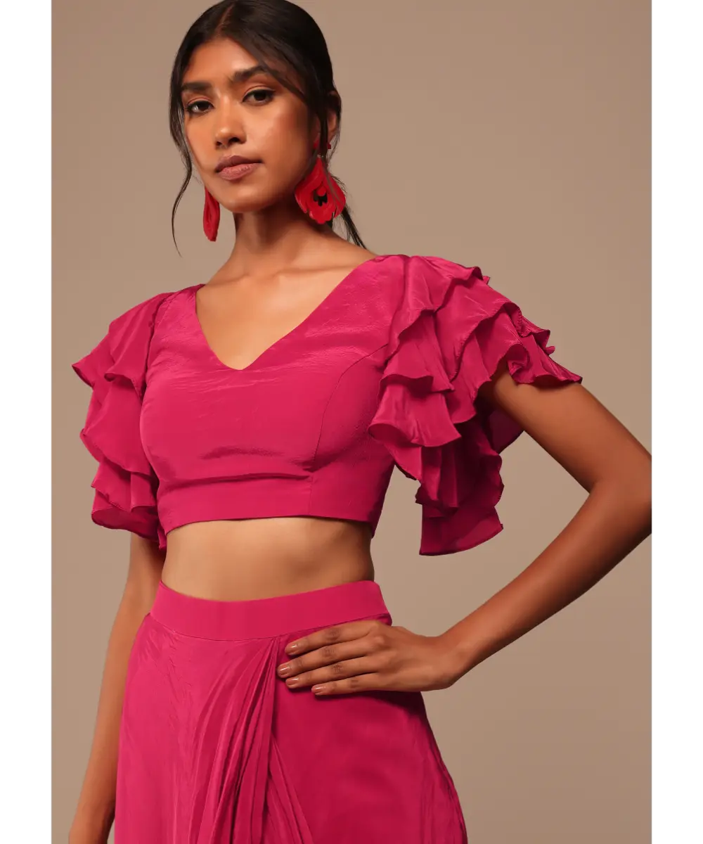 KALKI - Pink Indo-western Saree And Layered Sleeves Blouse Set In Crepe