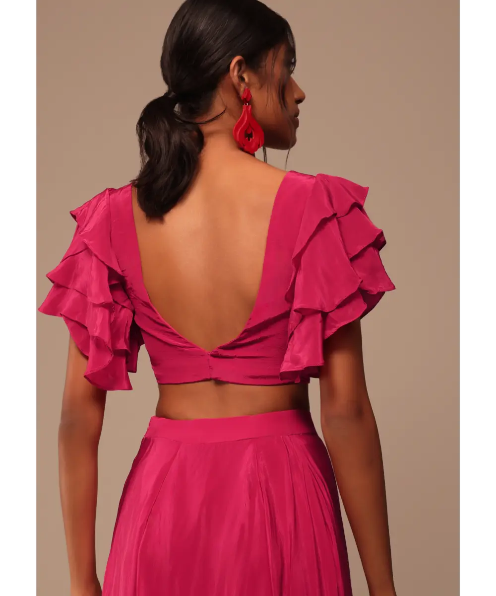 KALKI - Pink Indo-western Saree And Layered Sleeves Blouse Set In Crepe