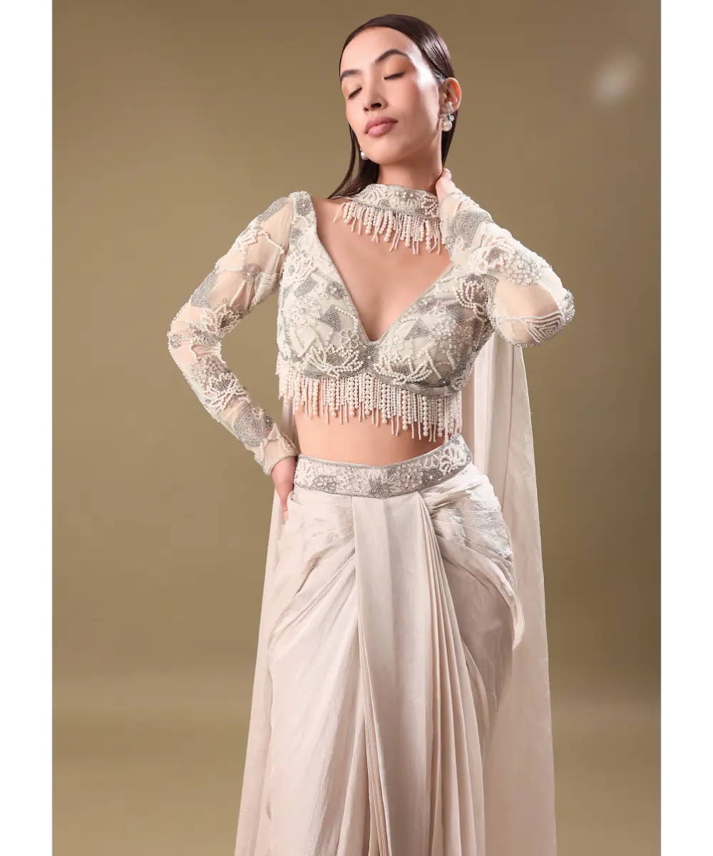 KALKI - Ivory Pre Drape Tissue Skirt With Full Sleeve Blouse