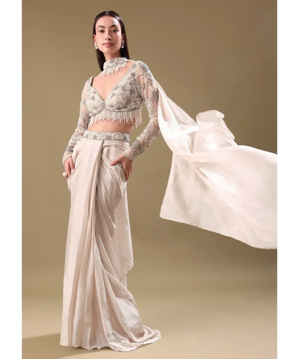 KALKI - Ivory Pre Drape Tissue Skirt With Full Sleeve Blouse