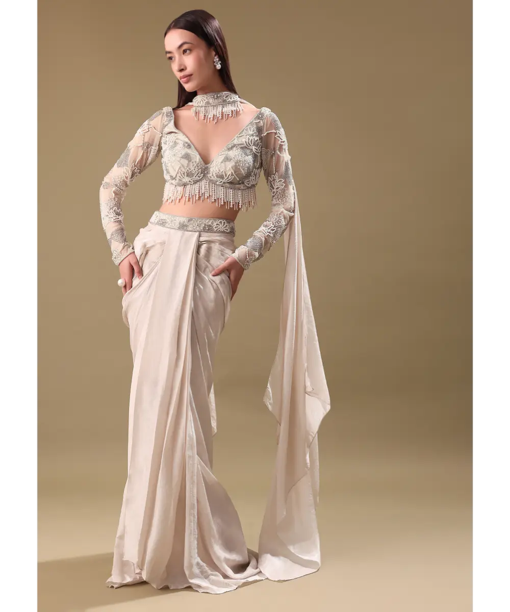 KALKI - Ivory Pre Drape Tissue Skirt With Full Sleeve Blouse