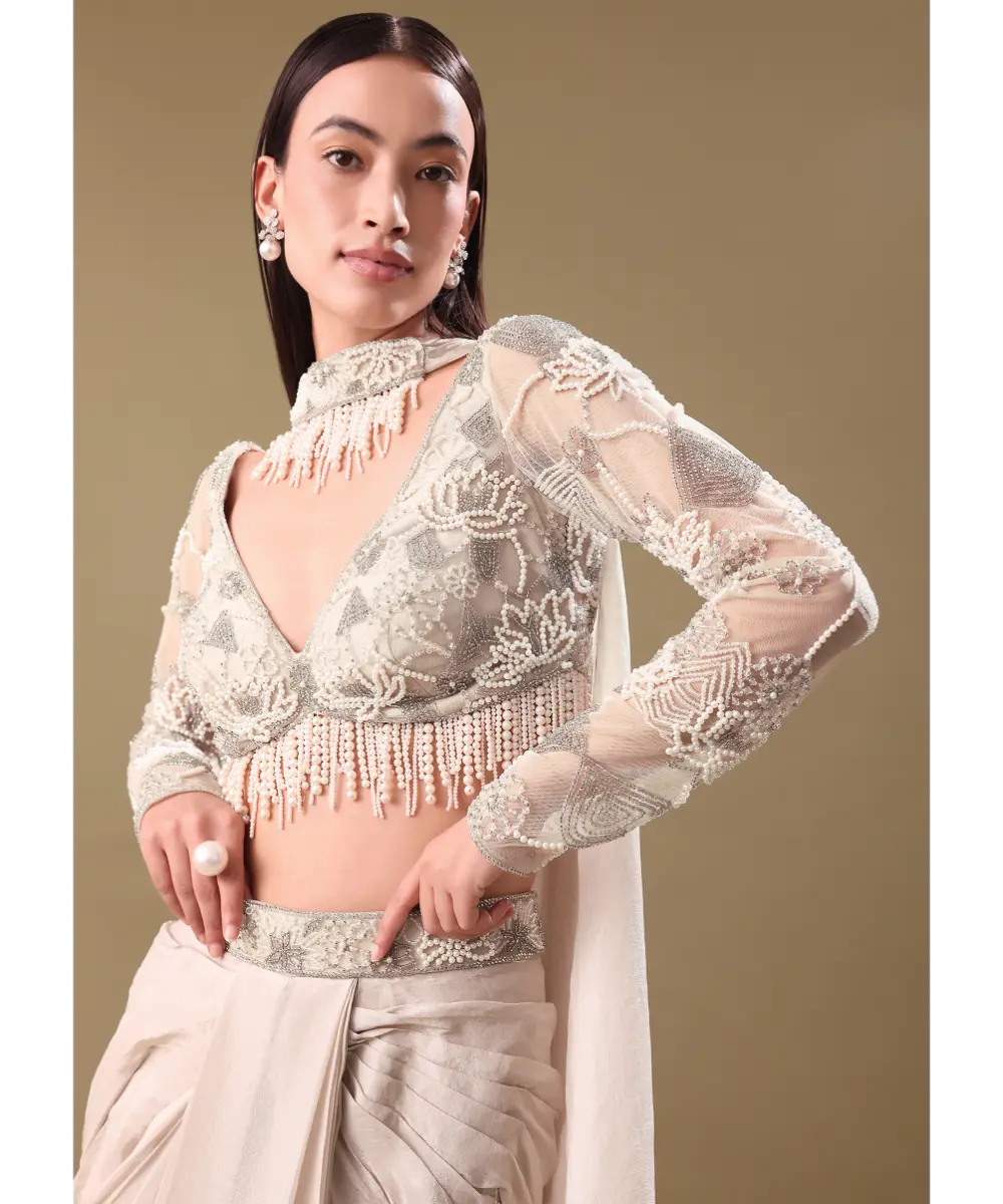 KALKI - Ivory Pre Drape Tissue Skirt With Full Sleeve Blouse