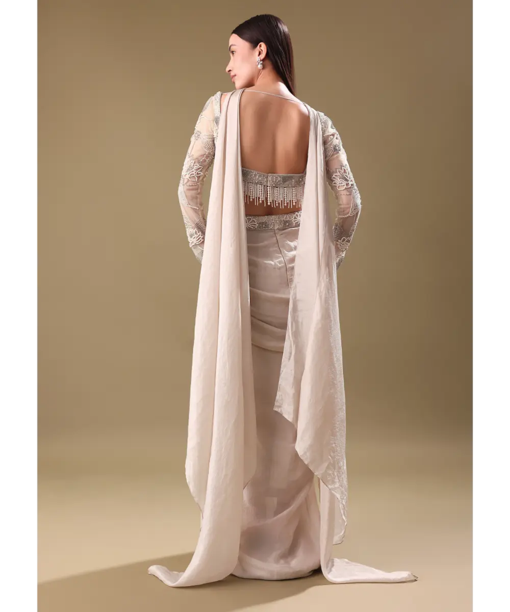 KALKI - Ivory Pre Drape Tissue Skirt With Full Sleeve Blouse