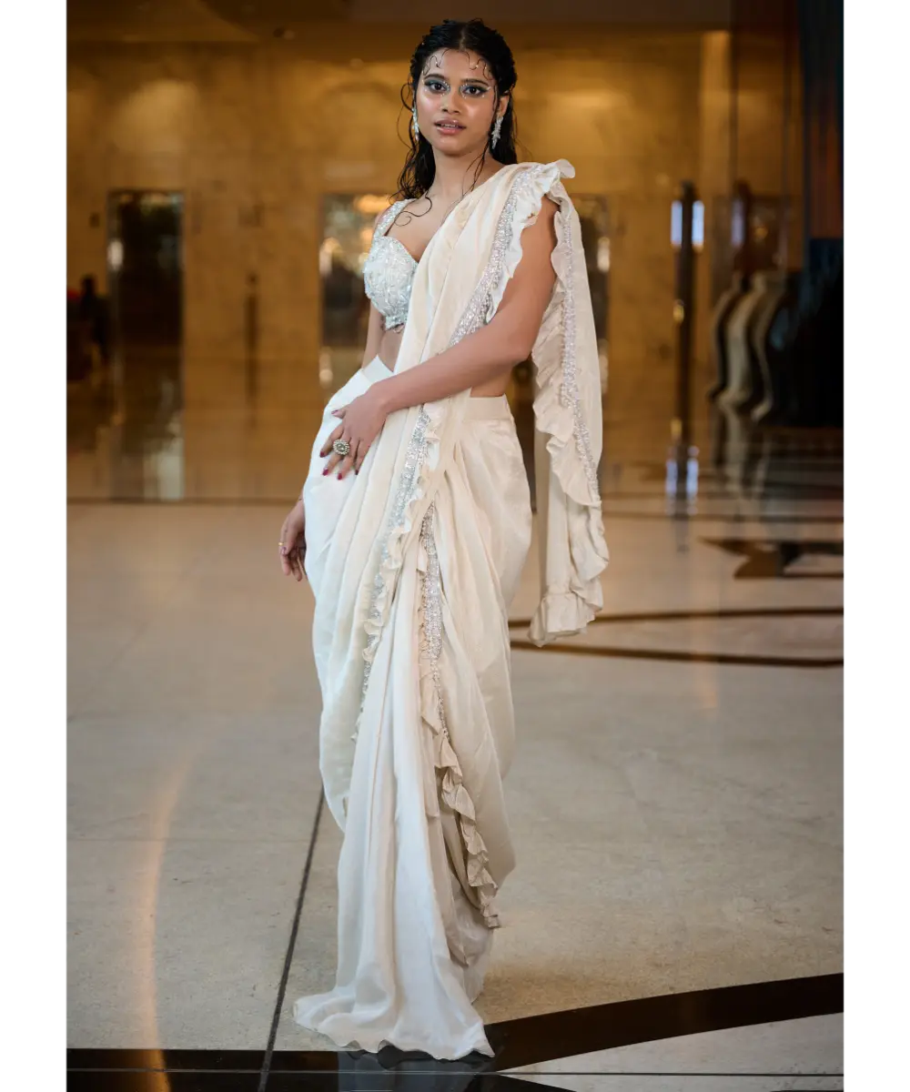 KALKI - Ivory Pre Stitched Frill Tissue Saree With Blouse