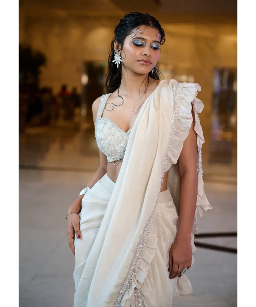 KALKI - Ivory Pre Stitched Frill Tissue Saree With Blouse