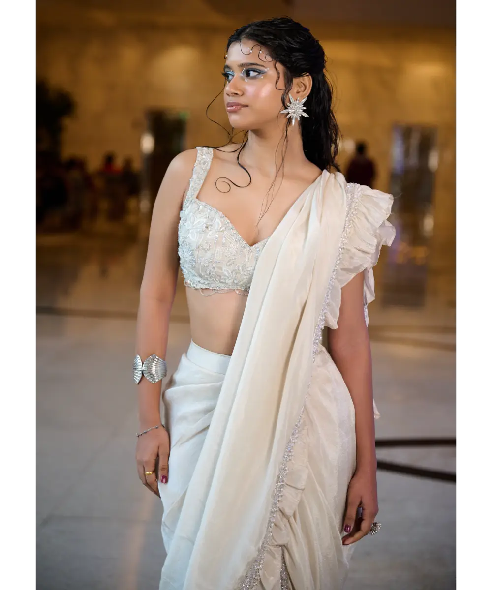 KALKI - Ivory Pre Stitched Frill Tissue Saree With Blouse