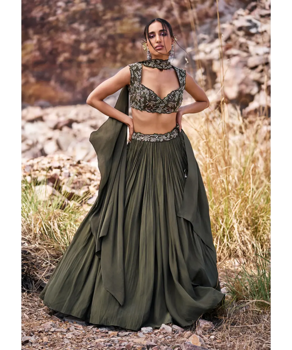 KALKI - Olive Green Ruched Lehenga With Blouse And Asymmetric Dupatta